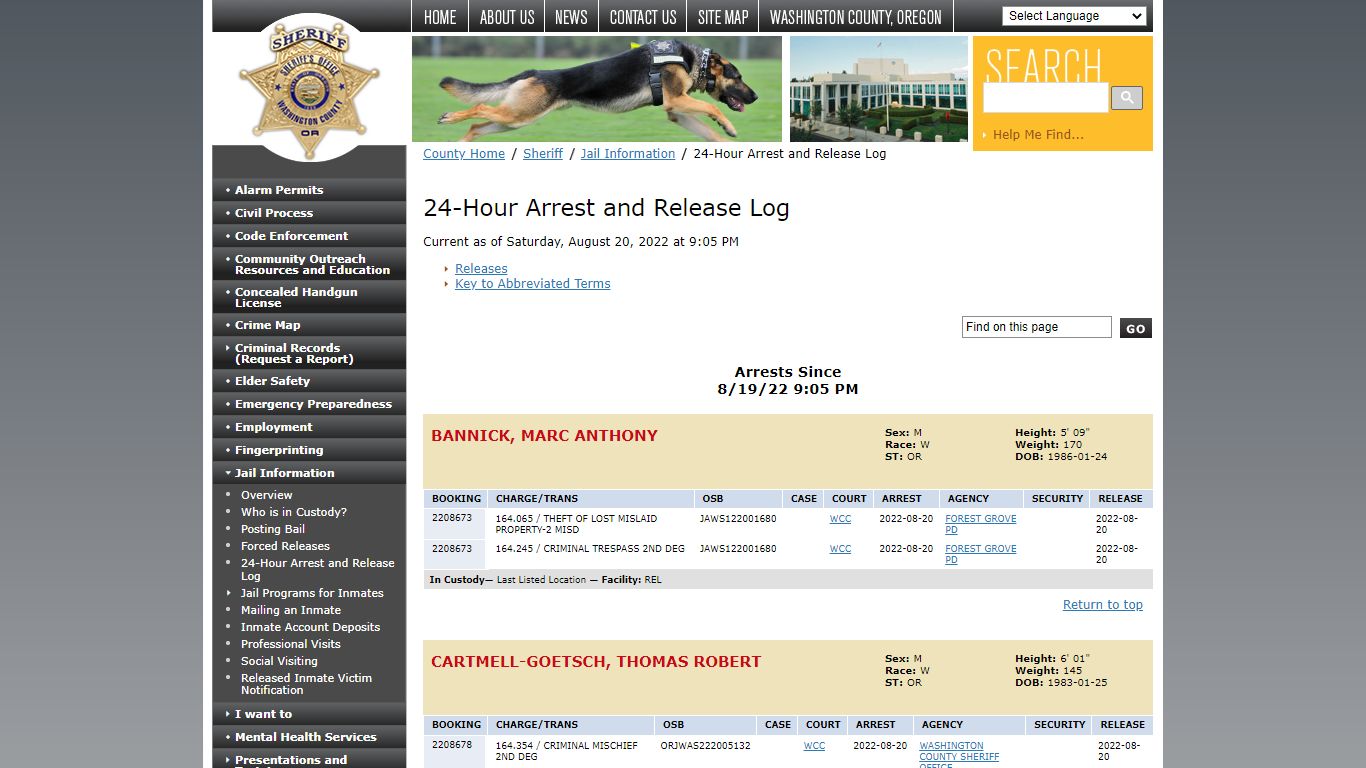 24-Hour Arrest and Release Log - Washington County, Oregon